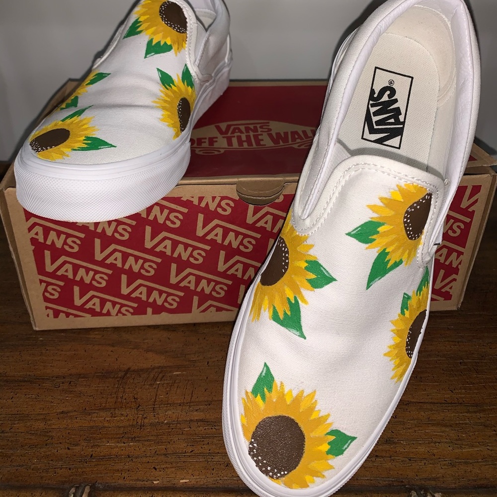Hand painted sunflower white slip ons